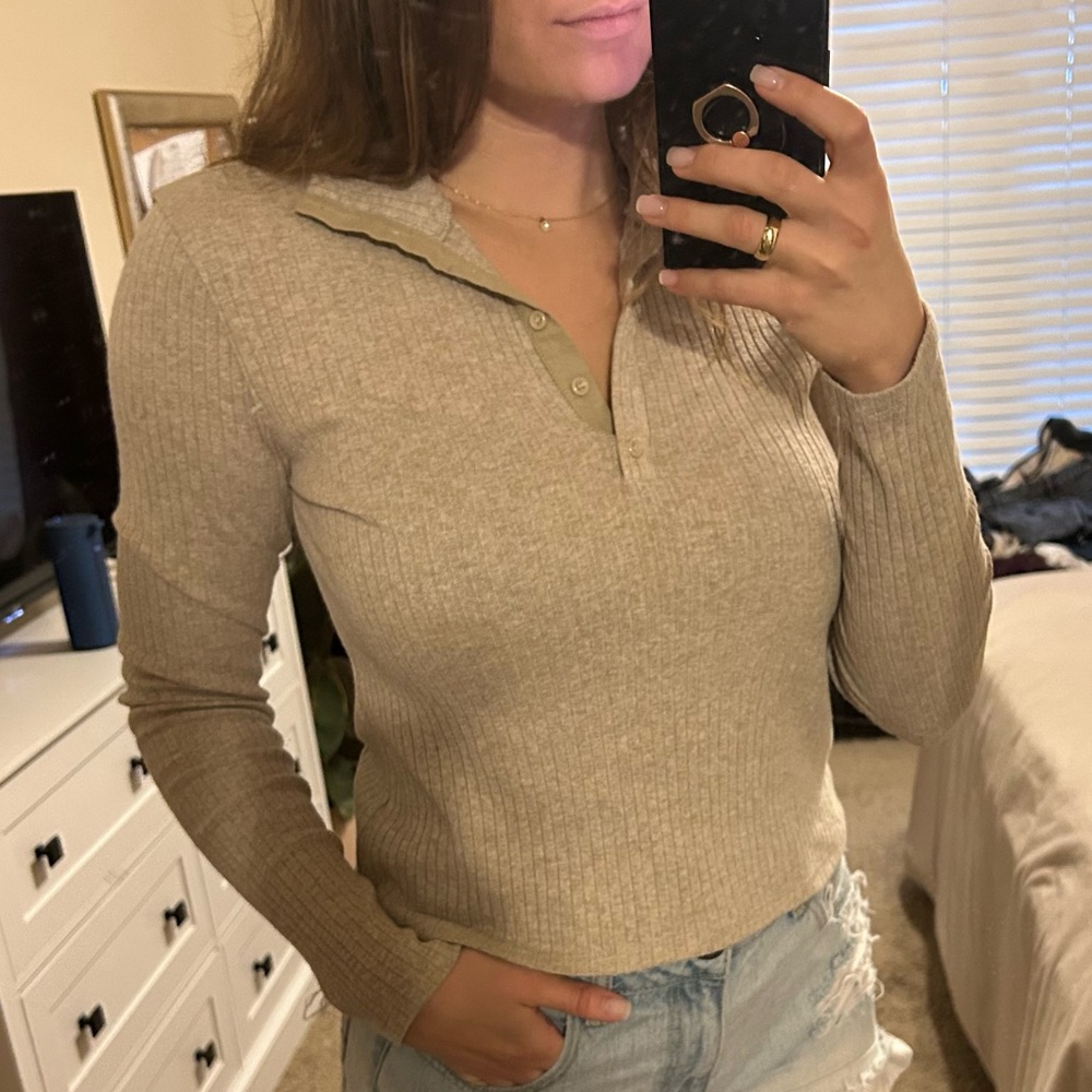 Zara beige collared long sleeve tee